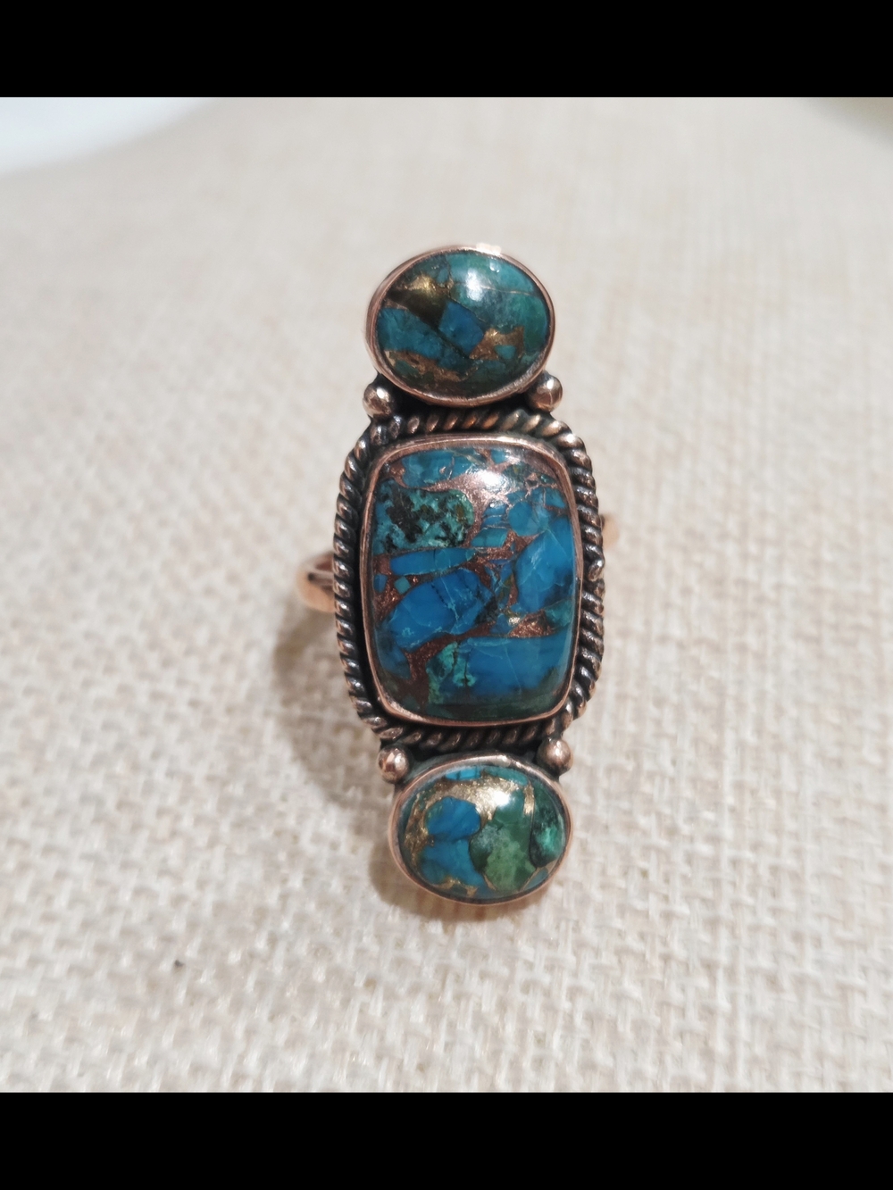 Turquoise Inlay Copper Statement Ring - Blue Green - Picture 2 of 6